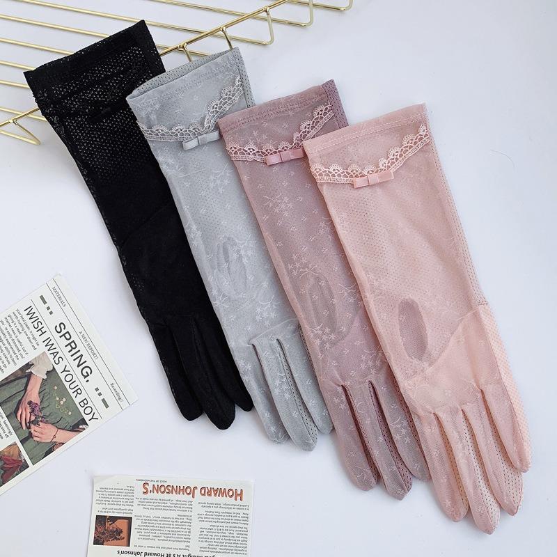 Sunscreen gloves women's thin driving non-slip ice silk breathable medium and long driving riding lace touch screen gloves