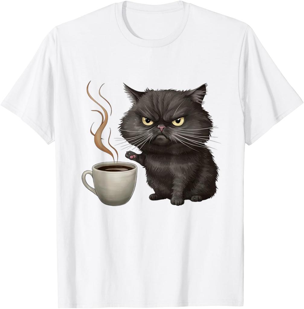 Angry Little Black Cat Drinking Coffee Tshirt