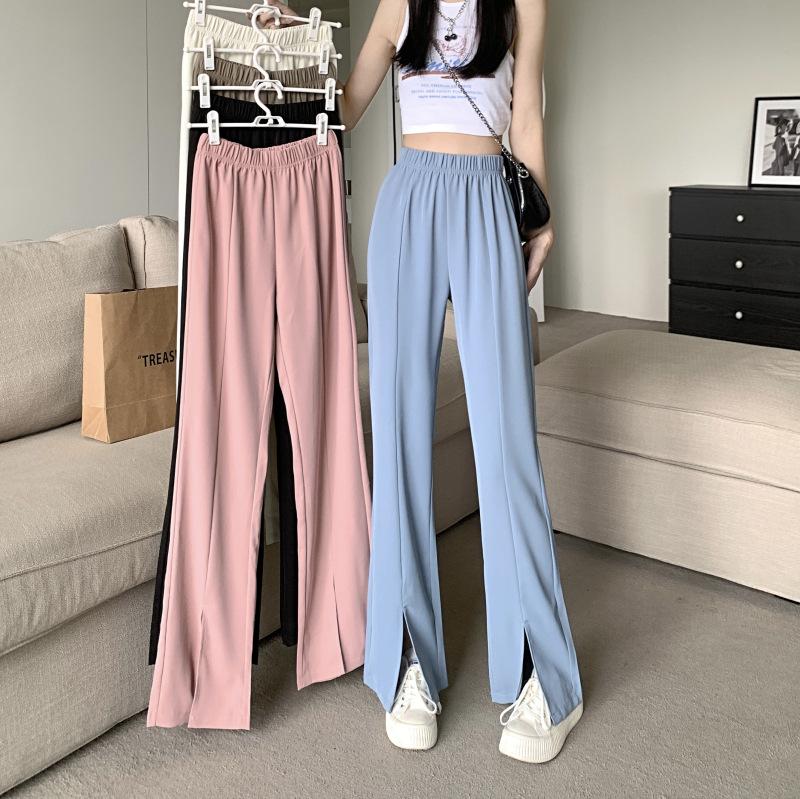 Women's High Waist Flare Pants Loose Straight Leg Long Trousers Split Hem Elastic Waist Lightweight Drapey Casual Suit Pants Summer Wide Leg Pants