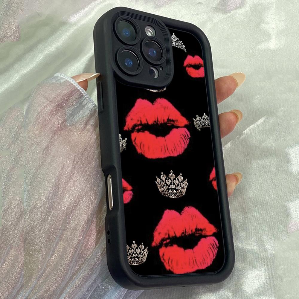 JT454 Red Lips Queen Crown for iPhone 17 16 15 14 13 Pro Max Samsung S26 S25 Ultra A17 A07 A56 A16 Xiaomi 15T Redmi 15c 14C 13C Note 11 12 Soft Case