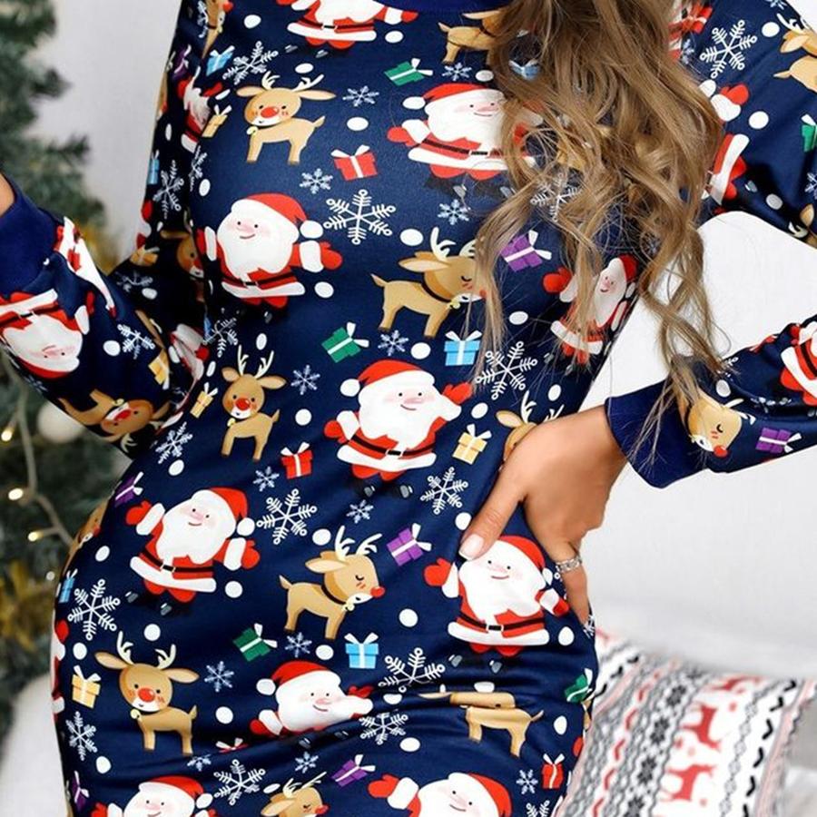 Dámské Podzimní Zimní Nové Vánoční Potisk Kulatý Výstřih Dlouhý Rukáv Bodycon Šaty pro Ženy