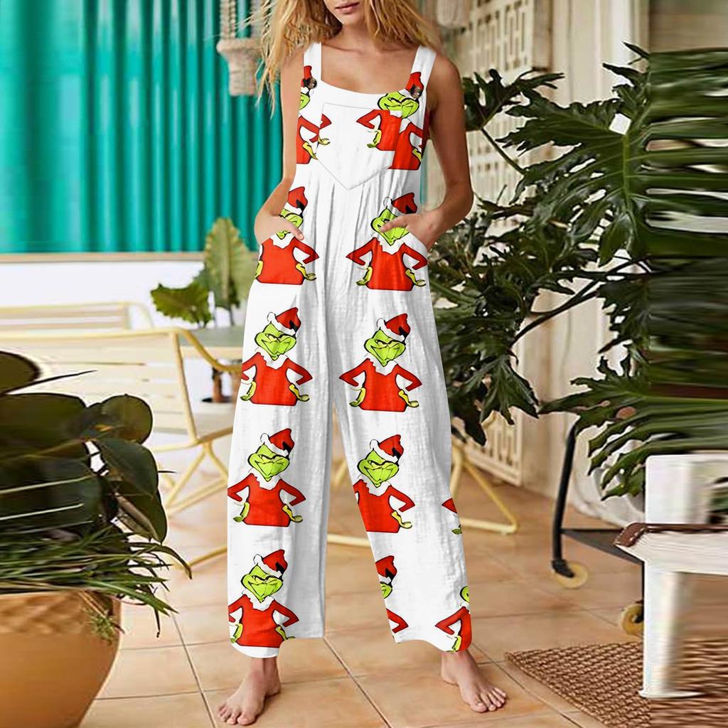 Dámská móda Vánoční potisk Ležérní Retro Bez rukávů Knoflíkový overal