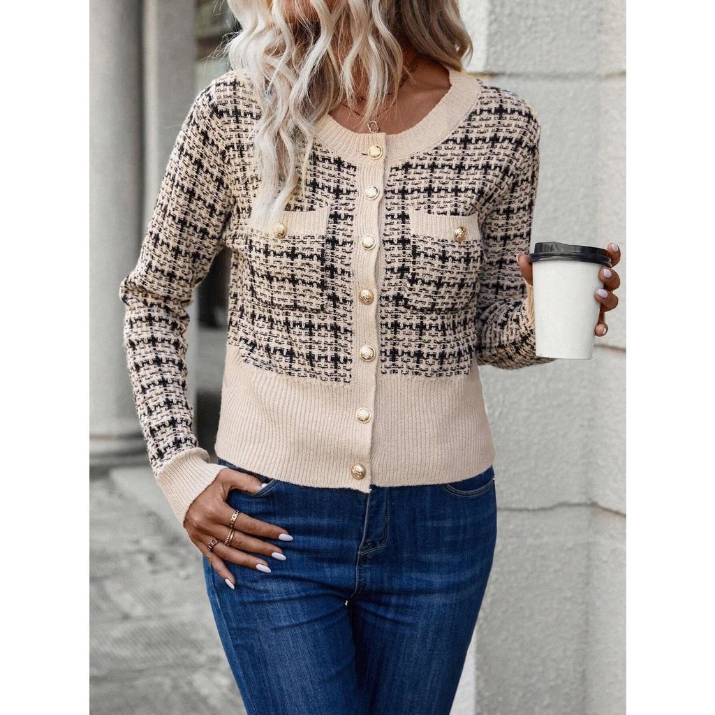 Women's Cardigans - Women's Long Sleeve Button Cropped Knit Cardigan, Elegant Tweed Style Short Sweater Coat, Daily Fashion Outerwear Women