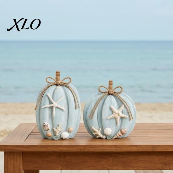 Rustic Farmhouse Style Gift Ideas 2Pcs Coastal Pumpkin Decor, Blue Wood Sign, Fall Seasonal Holiday Tabletop Figurines Table Centerpiece for