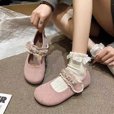 Klettverschluss flache Mary Jane Einzel-Schuhe, neue Perlen flacher Mund mit Rock Doudou Schuhe im Herbst
