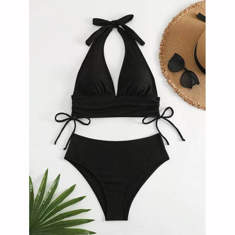 Sexy Solid Color Halter Strappy Bikini Female Swimsuit Women Swimwear Two-pieces Bikini Set Bather Bathing Suit Swim