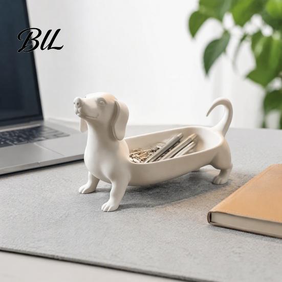 Desktop Storage Organizer Dachshund Jewelry Tray, Decorative for Rings Earrings And Keys, Office Desk Stationery Holder Cute Resin Animal Figurine