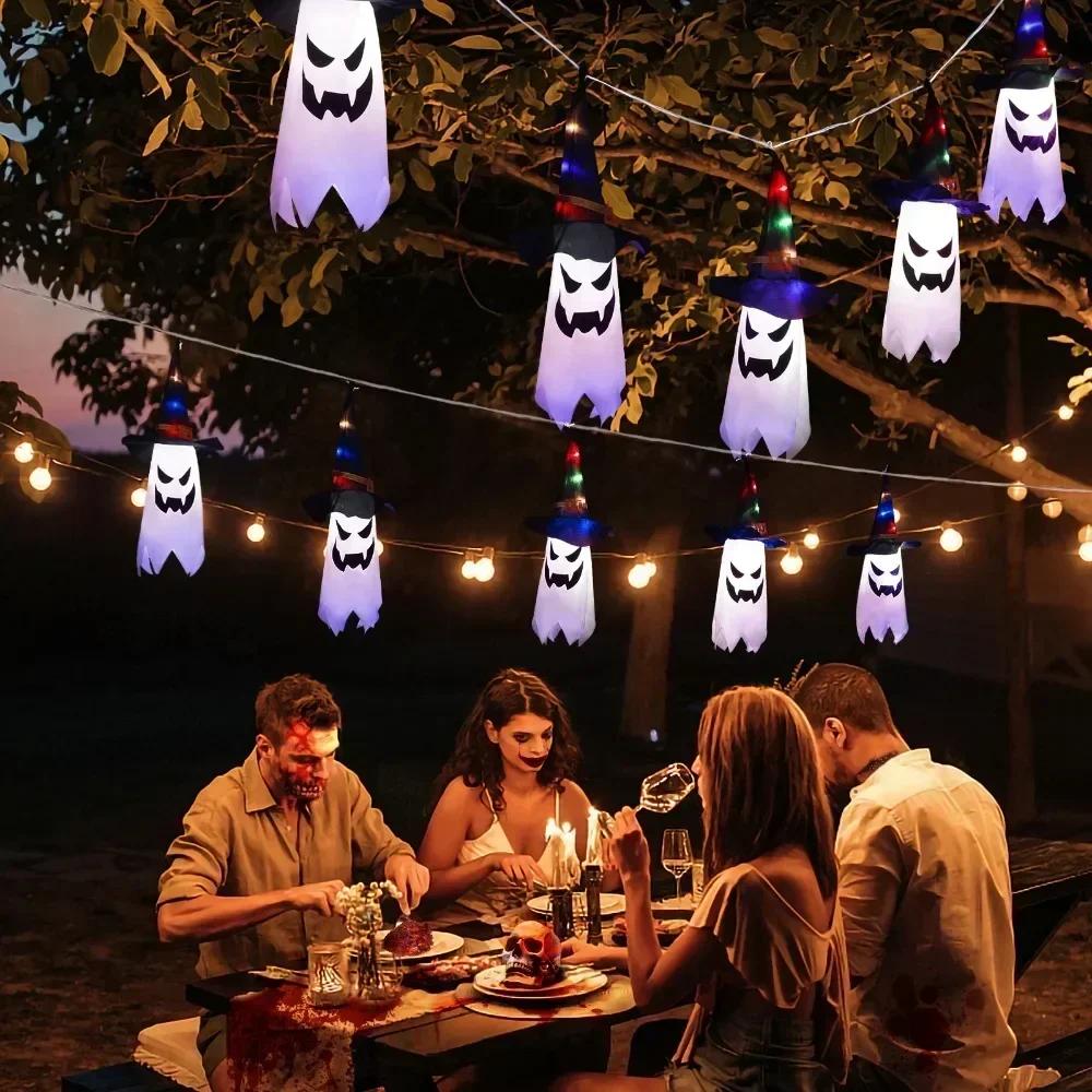 2026 New Halloween Ghost & Witch Hat String Lights - 10 LED Glowing Hanging Decorations for Indoor/Outdoor,  Party, Garden