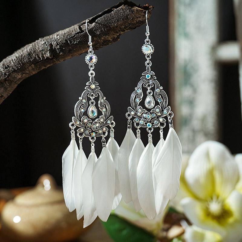 White Enamel Peacock Water Drop Feather Earrings for Women Ethnic Elegant Long Crystal Rhinestone Earring Boho Vintage Jewelry