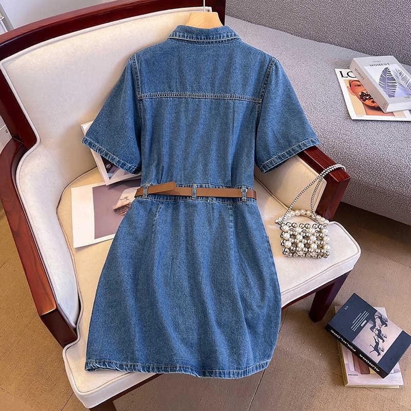 Retro Design Džínové A-liniové Letní Šaty s Krytím Bříška a Zeštíhlením Pasu, Krátký Rukáv
