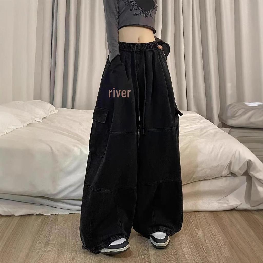 Pantaloni Cargo de Bumbac Negru pentru Femei Plus Size - Stil Jazz Casual American Nou, Croială Largă, Picior Larg, Pantaloni Lungi Sportivi