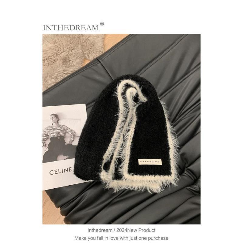 New Knitted Fur Edged Starlight White Wool Scarf for Women In Winter Warm and Versatile Small Scarf Campus Fresh