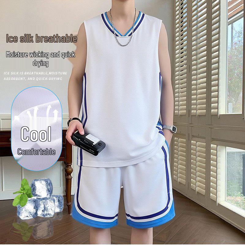 11043 Men's Ice Silk Basketball Vest & Shorts Set, Quick-Dry & Sleeveless, Loose Fit for Summer 2026 Training