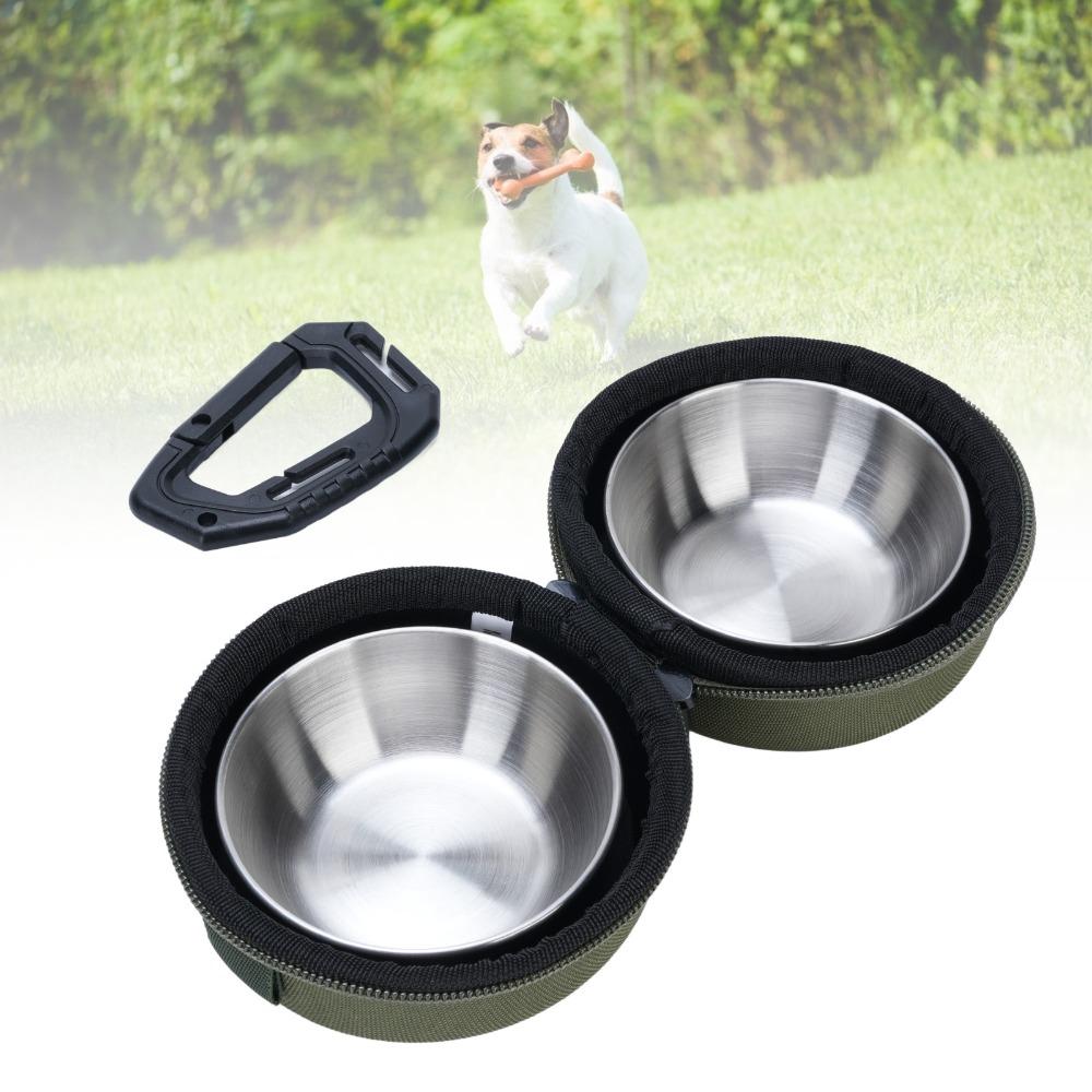 Stainless Steel Portable PET Bowl Set Green and Khaki Travel PET Feeder  PET Feeding