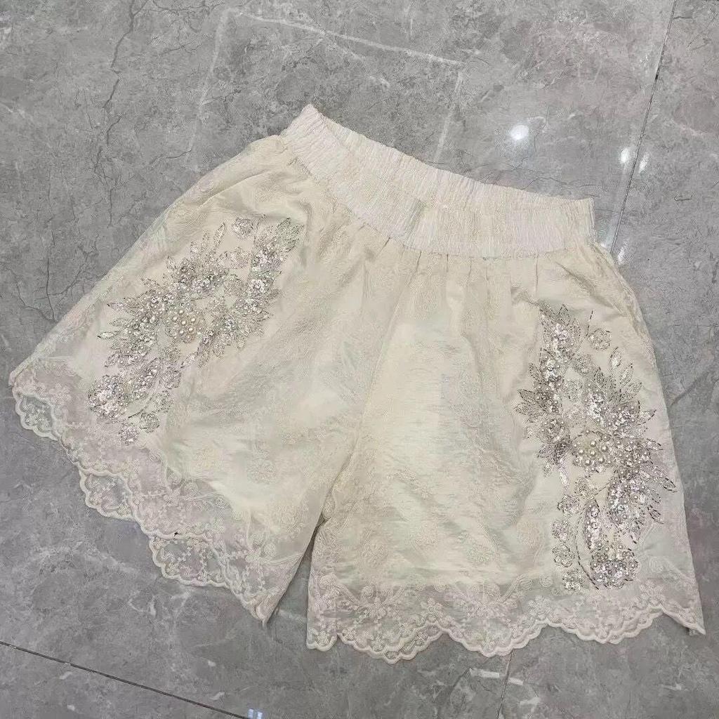 Plus Size Beaded Lace High Waist Shorts - Summer Casual, Wide Leg, Slimming, New Arrivals