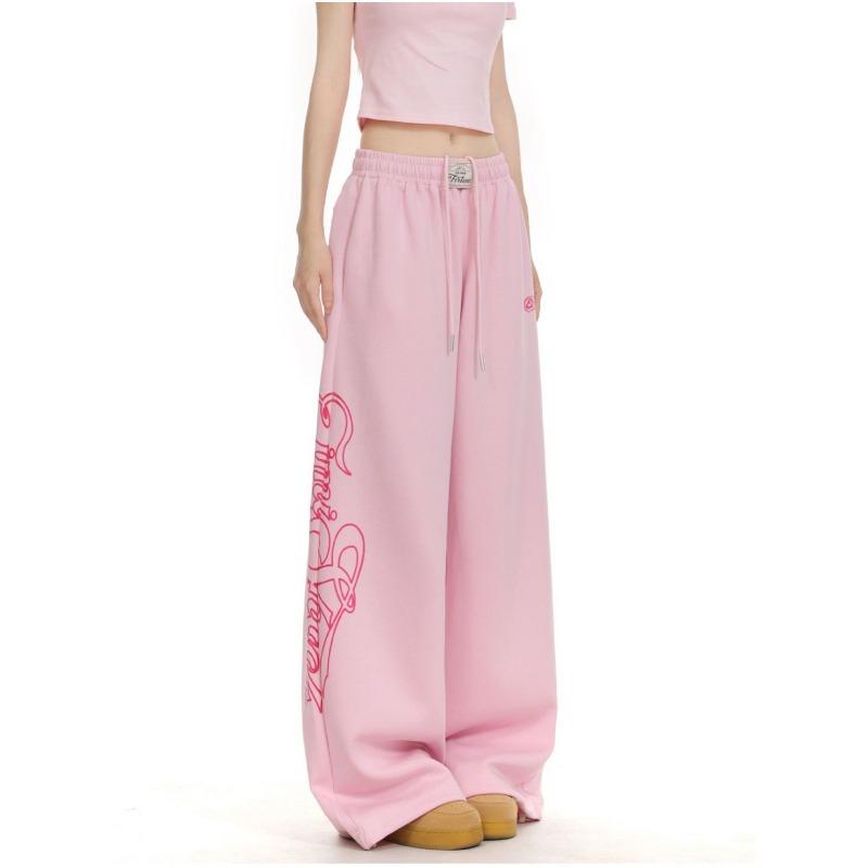 

Womens Casual Pink Wide Leg Pants Side Printed Straight Trousers S розовый
