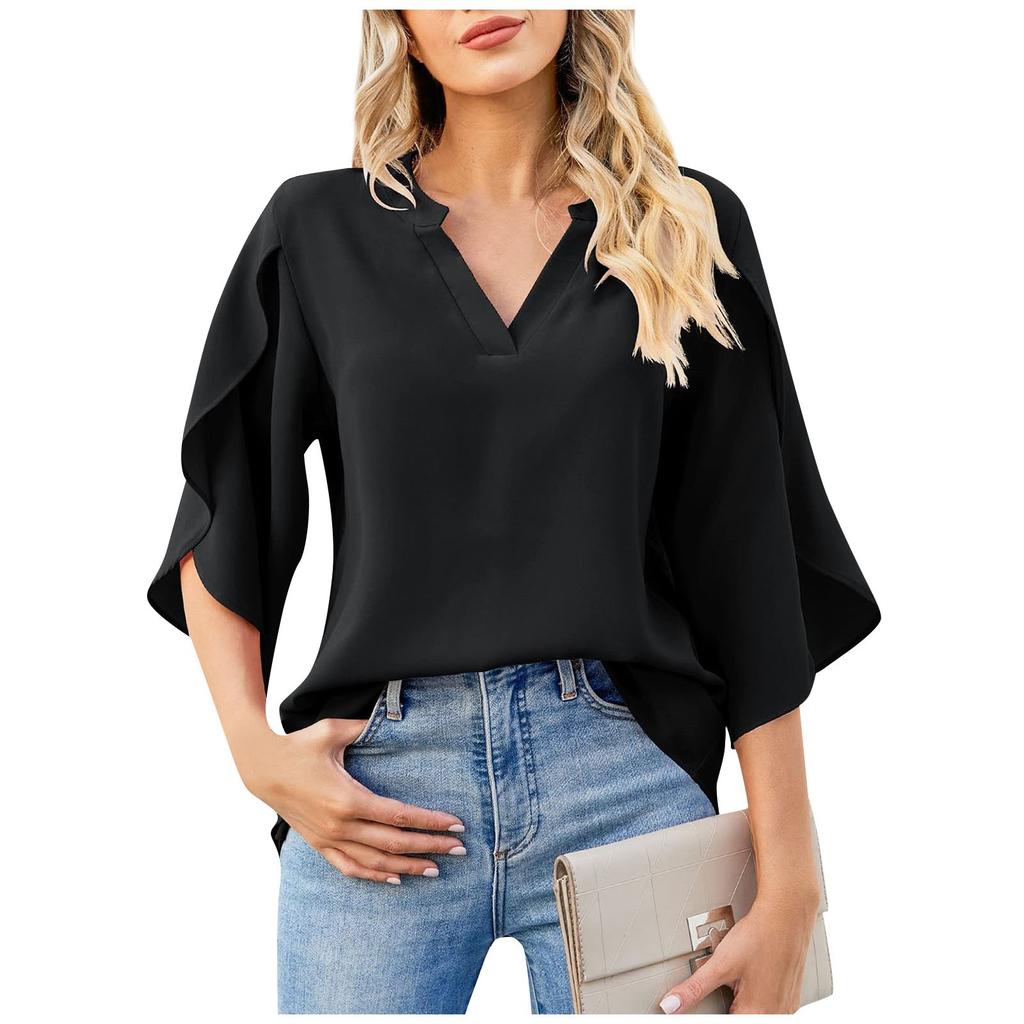 Women's Fashion Casual V,Neck Petal 3/4 Sleeve Loose Chiffon Blouse