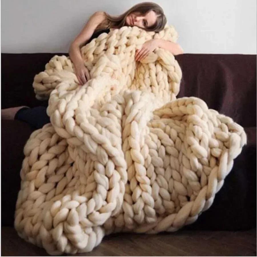 Chunky merino wool blanket thick large yarn roving knitted blanket winter warm plaid throw blankets sofa bed blanket 50X50CM