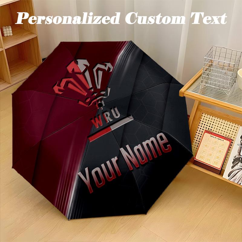 Wales Rugby Automatic 8‑ribs Umbrella, Custom Name Text Personalized Folding Umbrella Rain Sun Gift