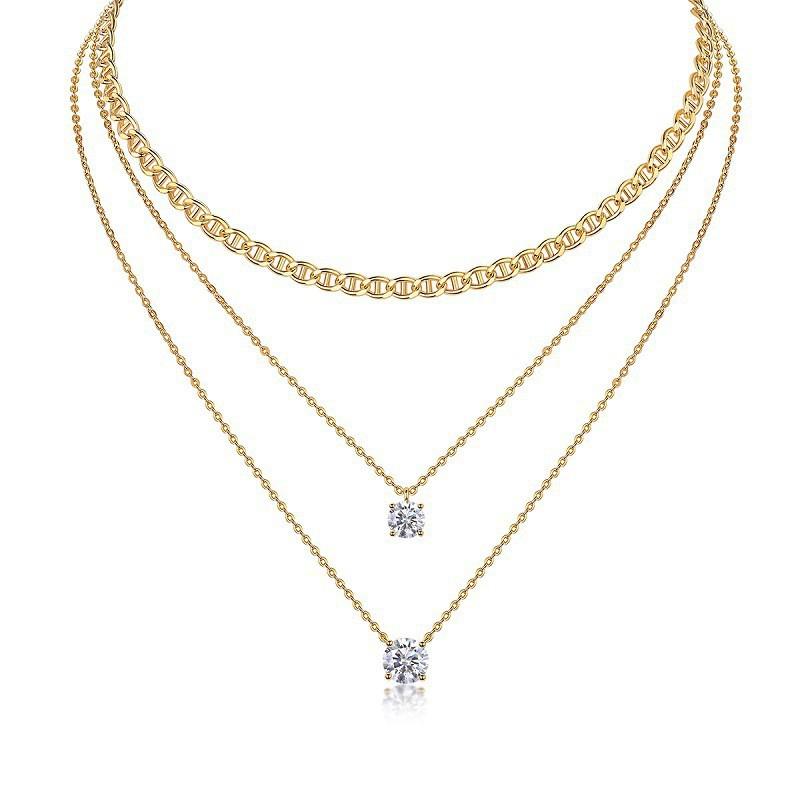 Elegant 3-Layer Sterling Necklace With Moissanite Stones Long Chain Women Minimalist Ins Style