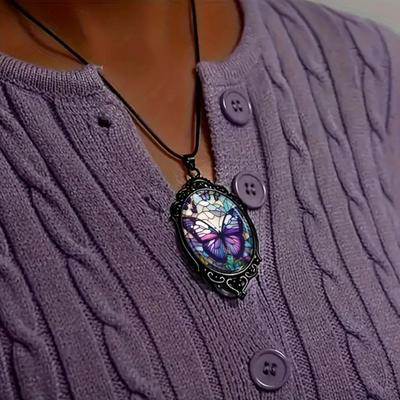 Butterfly Pendant Necklace for Women Retro Alloy Purple Butterfly Dangle Necklace Female Jewelry Gift for Dating Daily Wear