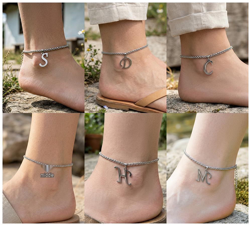 26-Letter Pendant Anklet: Stainless Steel Simple Design Foot Jewelry