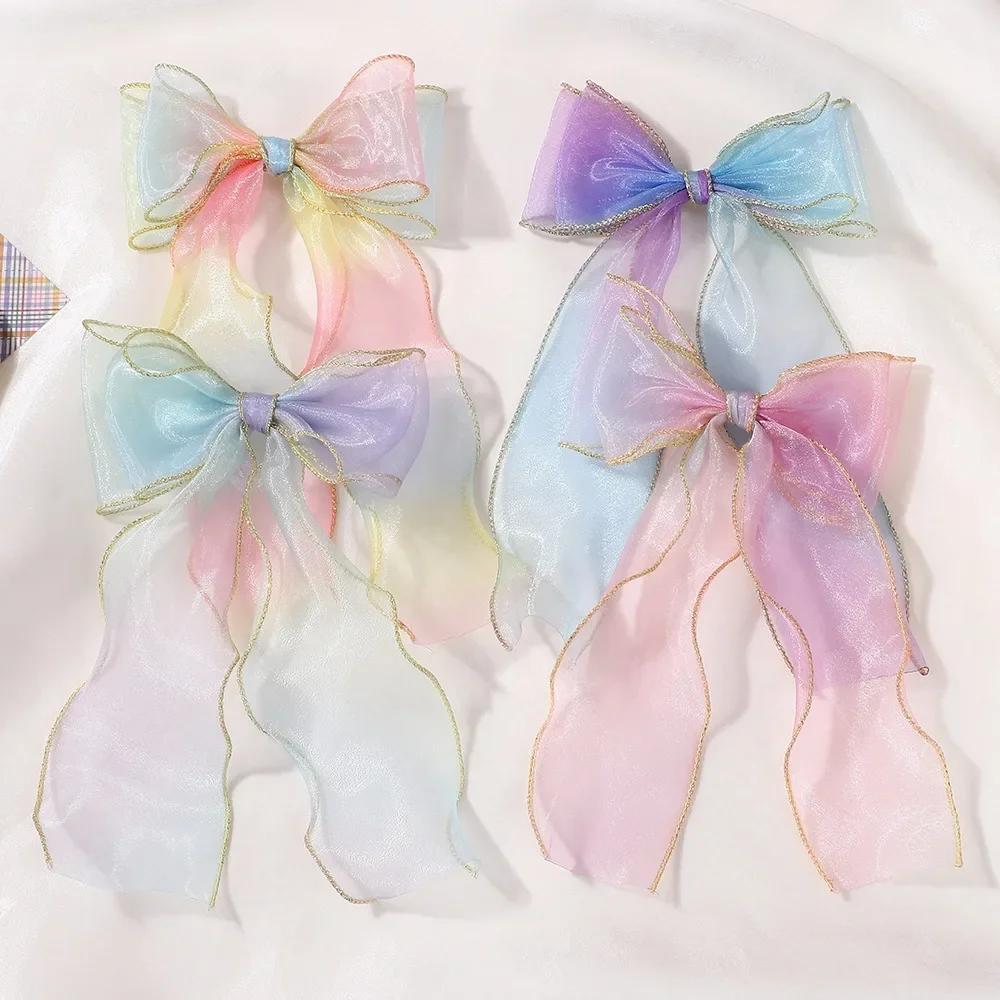 1PCS Rainbow Chiffon Bow Ribbon Hair Clips for Women Girls Cute Colorful Long Tassel Ponytail Hairpins Headwear Hair Accessories