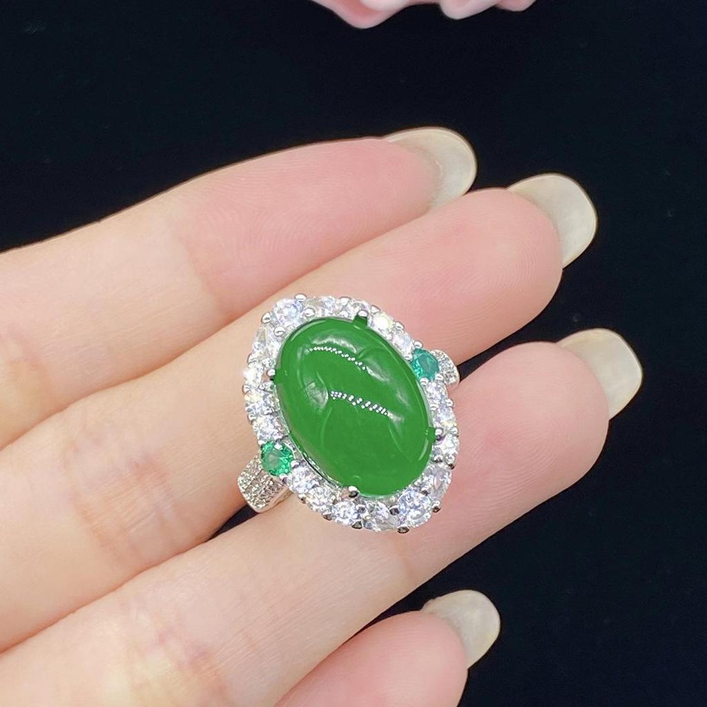 Bague ouverte tendance en jaspe calcédoine de glace naturelle simulée pour femmes avec diamants complets