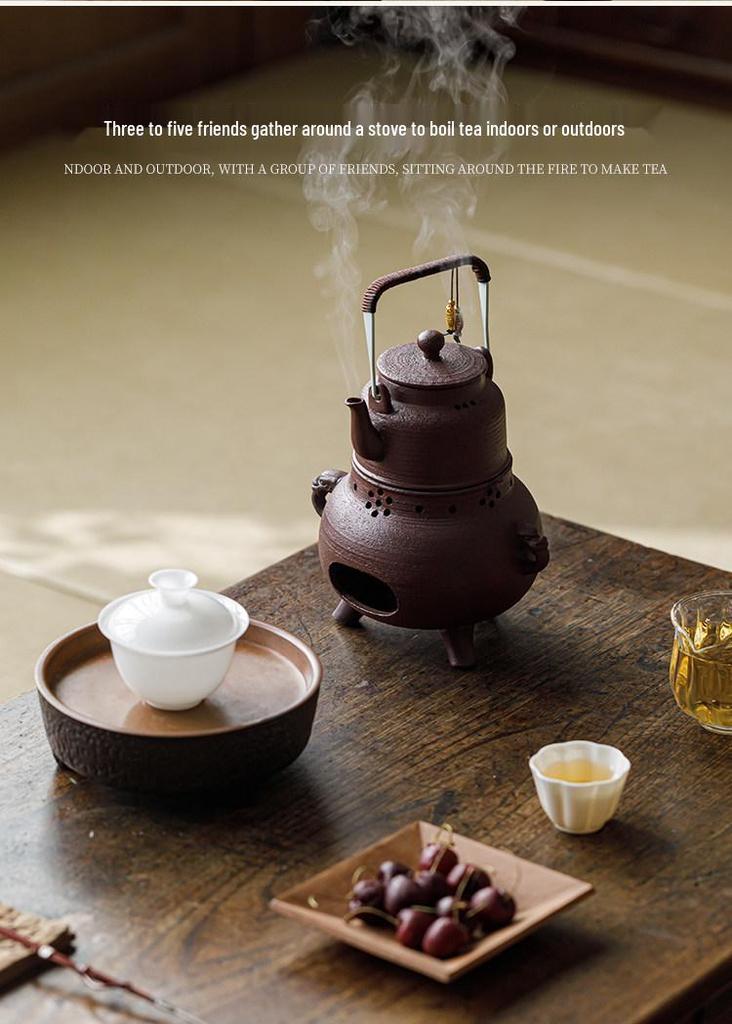 Guanlan Retro Coarse Pottery Tea Kettle Set with Alcohol Warmer for Outdoor Brewing
