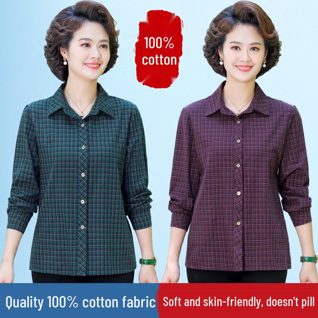 New Long-Sleeve Cotton Plaid Shirt for Women Aged 50-60