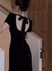 French Hepburn Style Sexy Halter Black Dress Summer New Waist Thin Round Neck Short Sleeve Long Dress