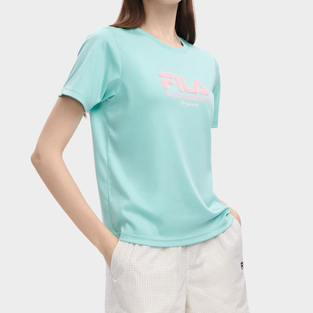 Fila Logo Print Solid Color Round Neck Casual Short Sleeve T-Shirt Women Tops Youth-Green F11W329111F-TQ