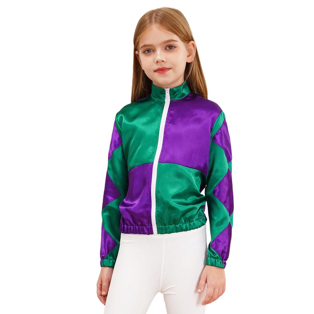 Girls Horse Riding Costume Long Sleeve Color Block Zipper Jacket Patchwork Design Halloween Dress Up