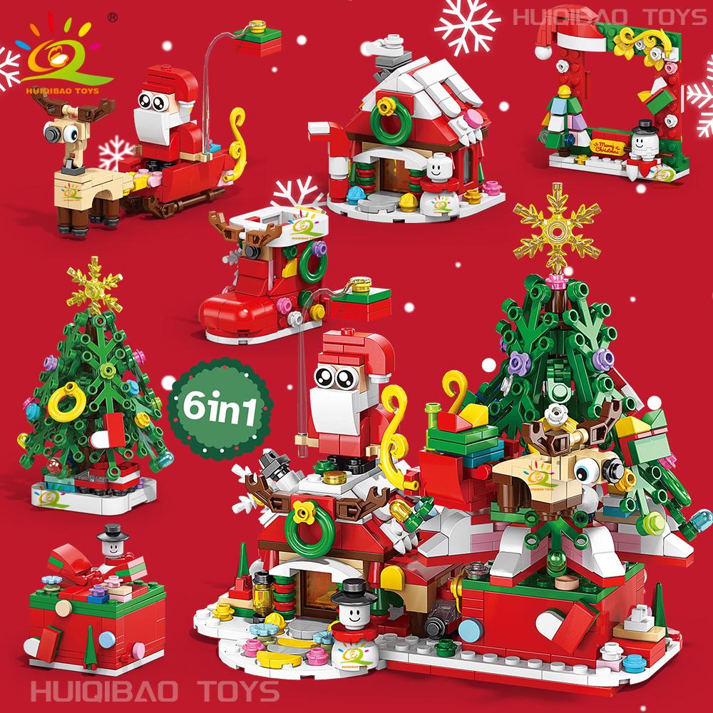 Non-Toxic 6In1 Christmas Tree Santa Claus Snowhouse Model Building Block Diy Elk Snowman Train Bricks Ornament Toys Adult Gift