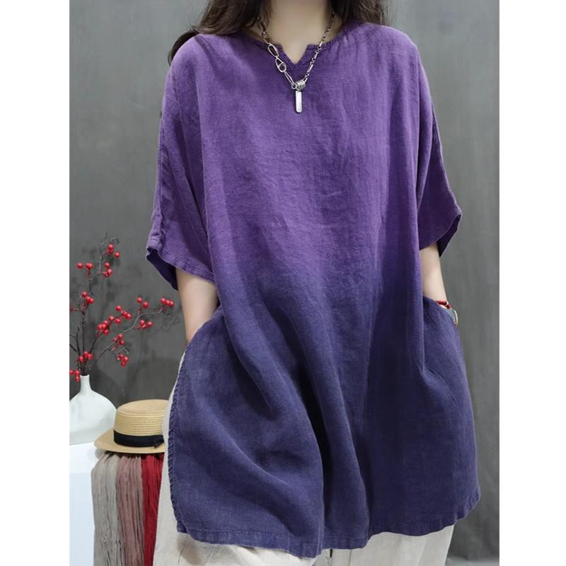 2026 Summer Retro Tie-Dye Oversized Linen Shirt - Loose Fit Mid-Sleeve Top