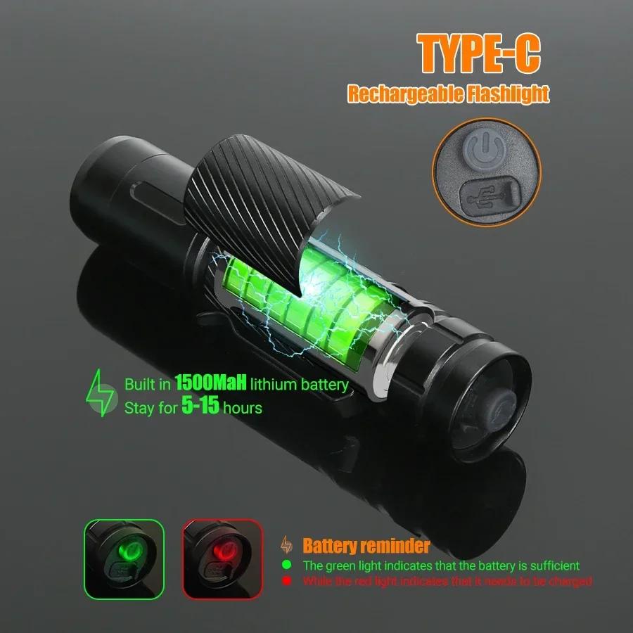 KDULIT Powerful LED Flashlight USB Rechargeable Built-in Battery Light  Waterproof Emergency Light Aluminum Alloy Tactical Torch