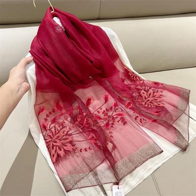 70*180cm Women Imitation Silk Scarf Long & Large Embroidered Floral Pattern Shawl and Wraps Neckerchief for Party Prom, Lightweight Sheer Scarfs
