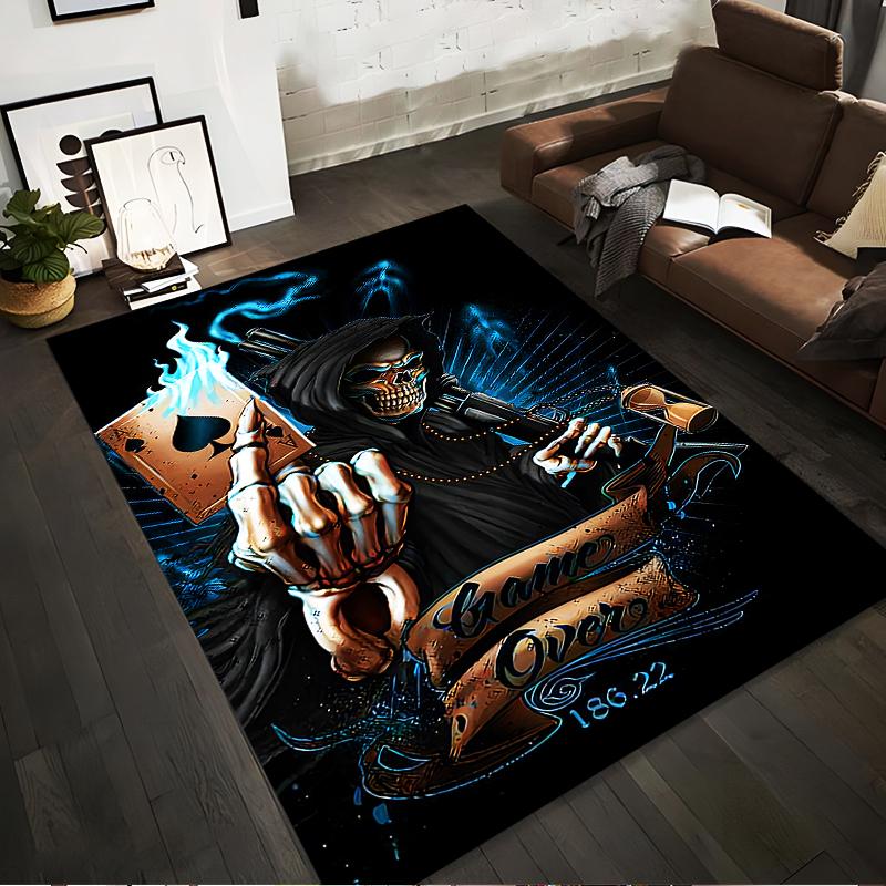 Skeleton wizard holding cards printed anti-slip rug, suitable for living room and bedroom sofa
