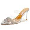 Luxury Cross Rhinestone Transparent PVC Women Sandals Pointed Toe Thin Heel Non-slip Slide Sandals Elegant Fashion Wedding Shoes