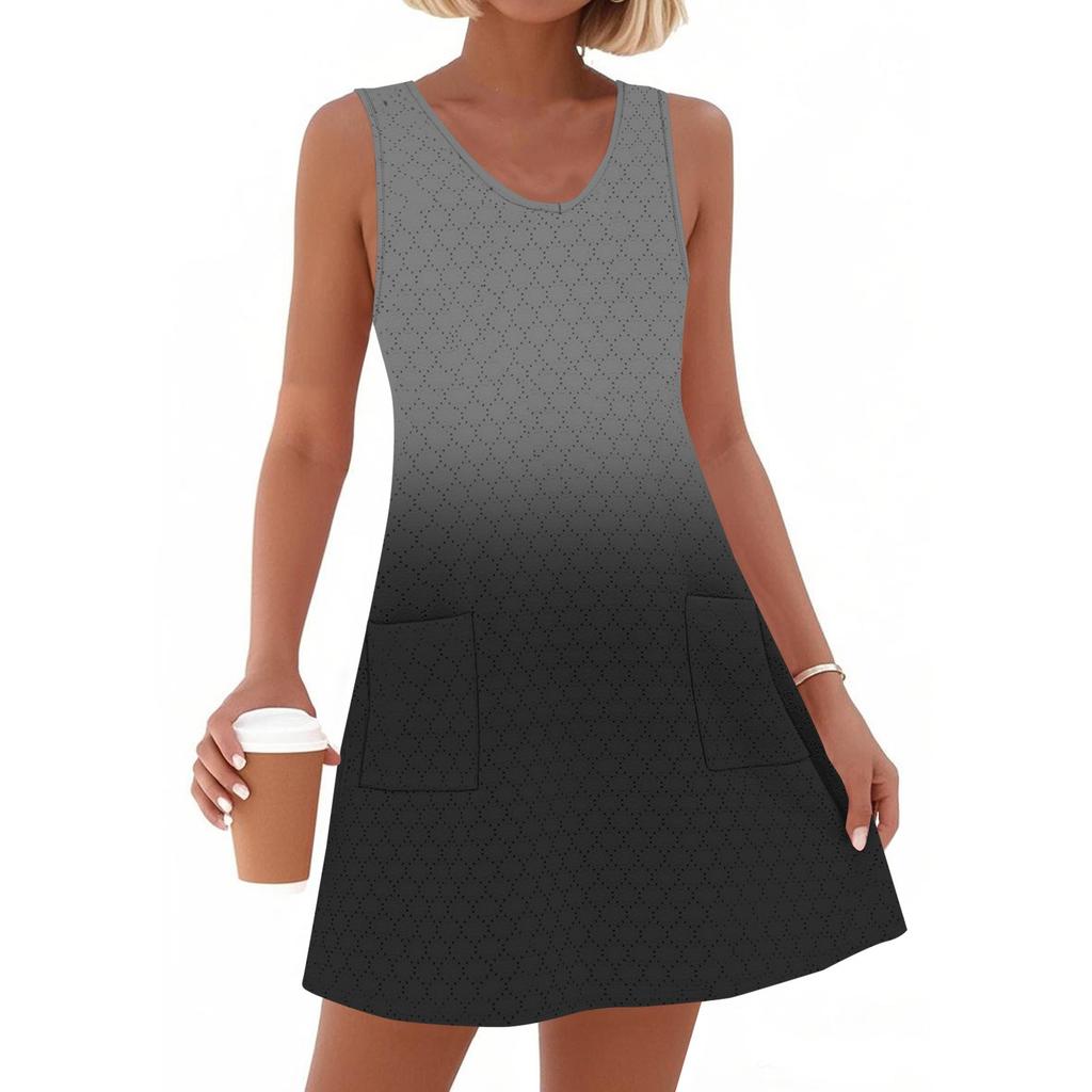Women's Fashion Casual Summer Cuffless Pocket V-neck Gradient Print Dress Beach Sundress