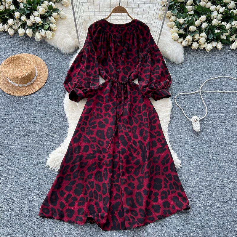 

French Style Retro Minority Print Dress Female 2024 Autumn Lace-up Waist-Controlled round Neck Lantern Sleeve Slimming Long Dress Burgundy One size