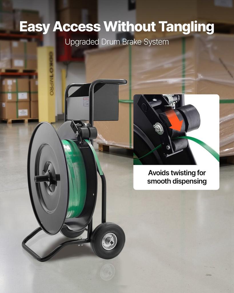 Banding Strapping Cart, Fit for PET / PP / Steel Strapping Coils with 20.3/40.6 Cm Core Size, Heavy Duty Strapping Dispenser Equipped with Upgrade