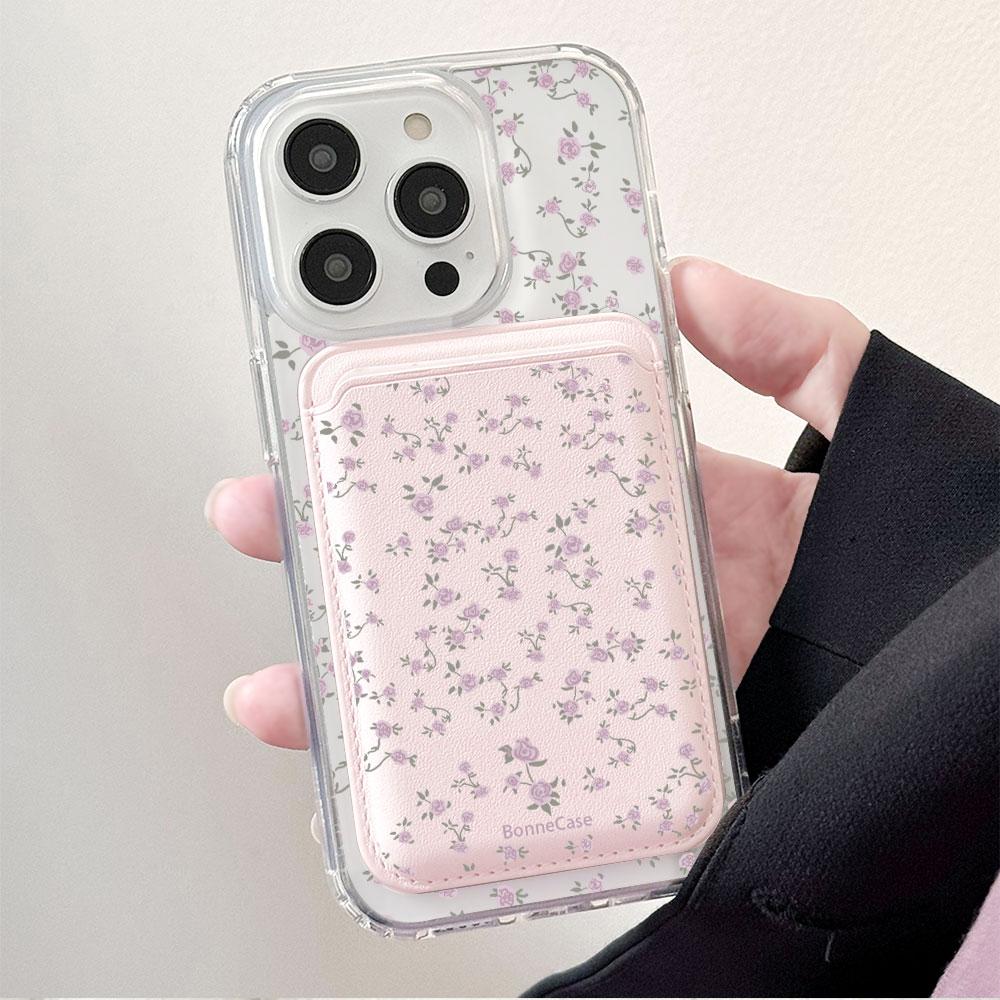 Full screen Pink Floral fragments For Magsafe wallet Magnetic Card holder Phone Case For iPhone 16 13 15 14 17 Pro Max 16E Cover