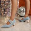 Fashion Vintage Denim Pointed Toe High Heels Pumps Women 2025 Silver Glitter Buckle Sandals Women Rivet Decoration Dress Party Shoes