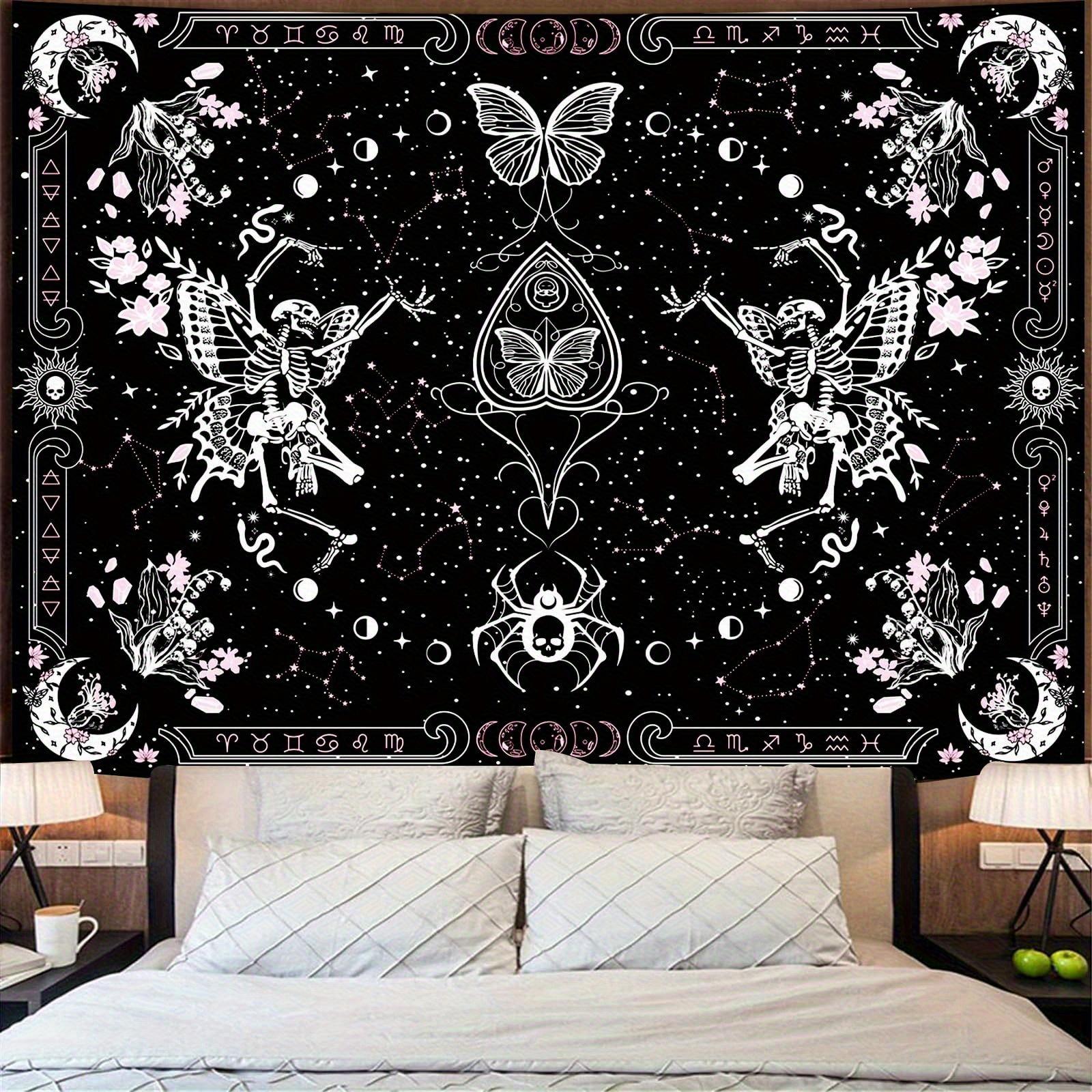 1pc Skeleton Butterflies Tapestry Wall Hanging - with Butterflies & Floral Celestial Design, Indoor Decor for Bedroom 100X70CM