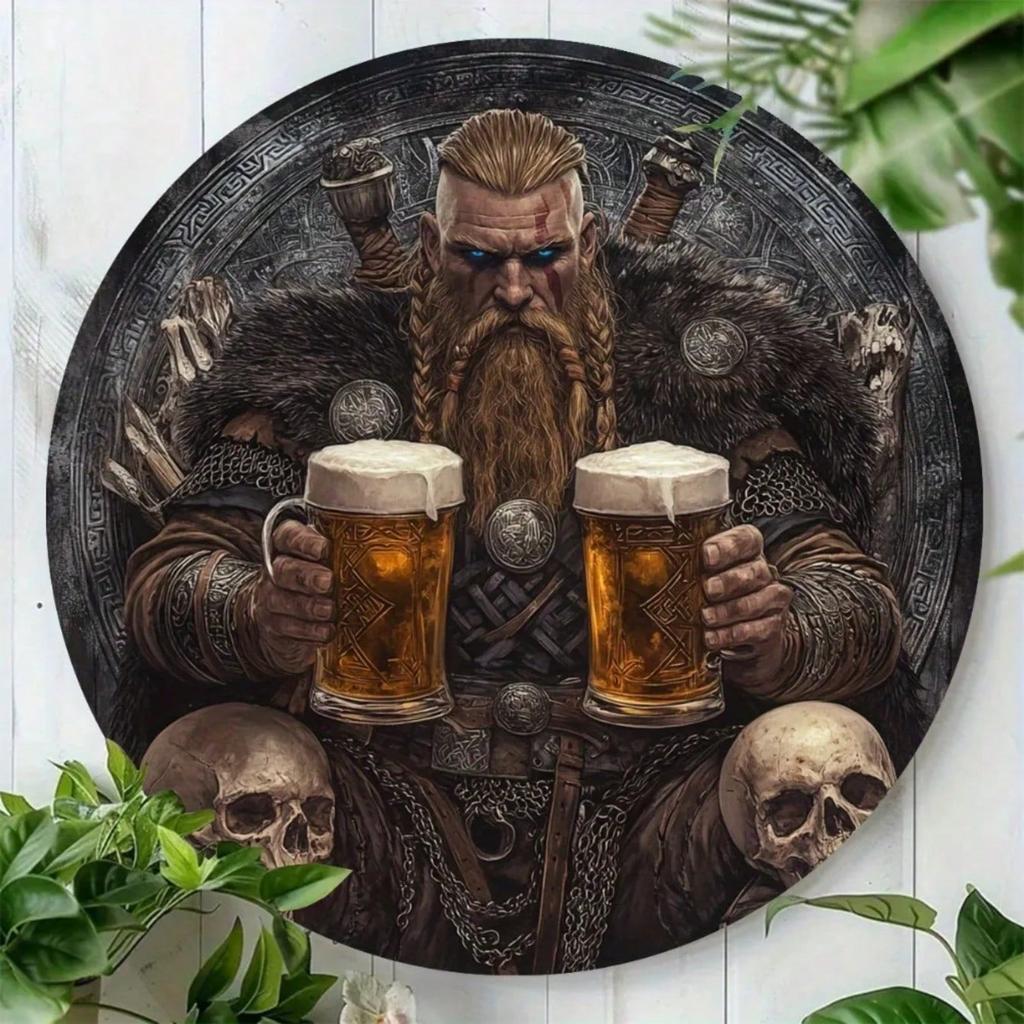 DORA Tin Sign Viking Beer Round Aluminum Wall Art Norse Mythology Metal Sign Decor