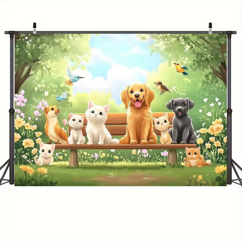 

2D Cute Animals Park Bench Backdrop for Kids Birthday & Baby Shower 47.2x31.5inch/120*80cm