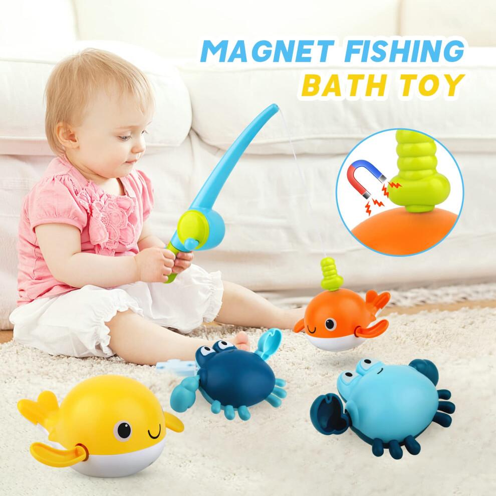 twoonto Baby Bath Toys, Wind Up Magnetic Fishing Games Toy with Fishing Net Floating Pool Bathtub Toys, Montessori Toys for Toddlers, Boys, Girls, 1 2