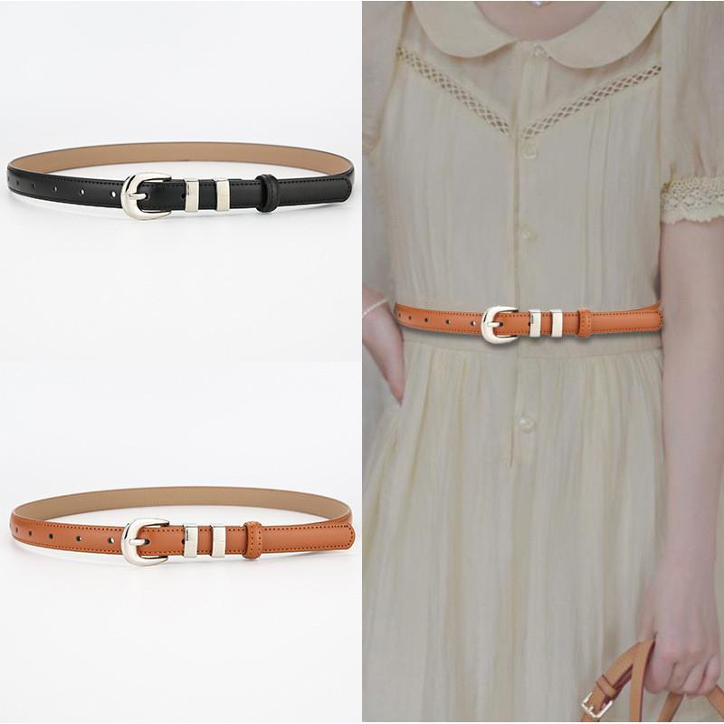 Womens True Leather Slim Belt With Metal Buckle For Casual Office Wear