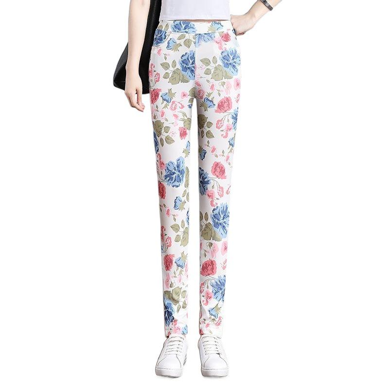 Cuihua Floral Plaid Women's Slimming Pants - 2024 Summer, Trendy, Elastic Waistband, Long Length